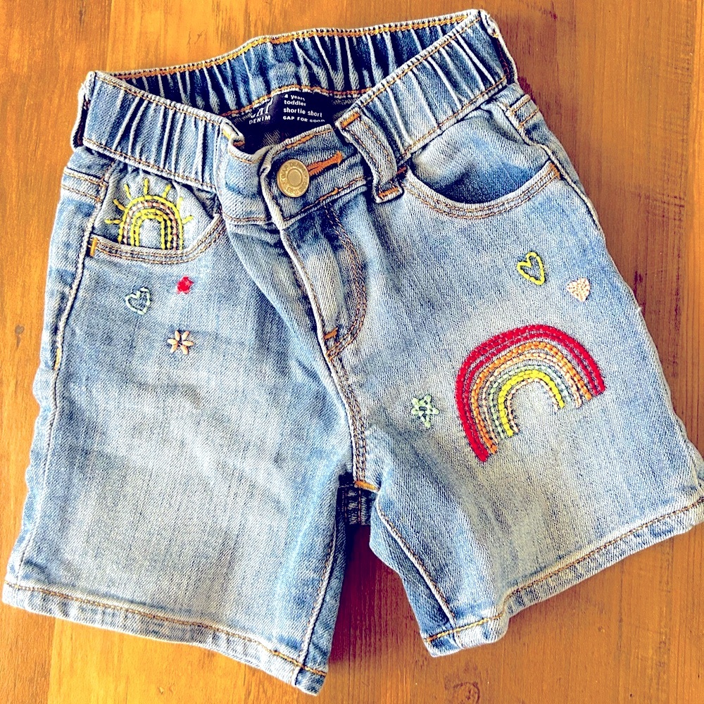 GAP Blue Denim Shorts with Rainbow Embroidery